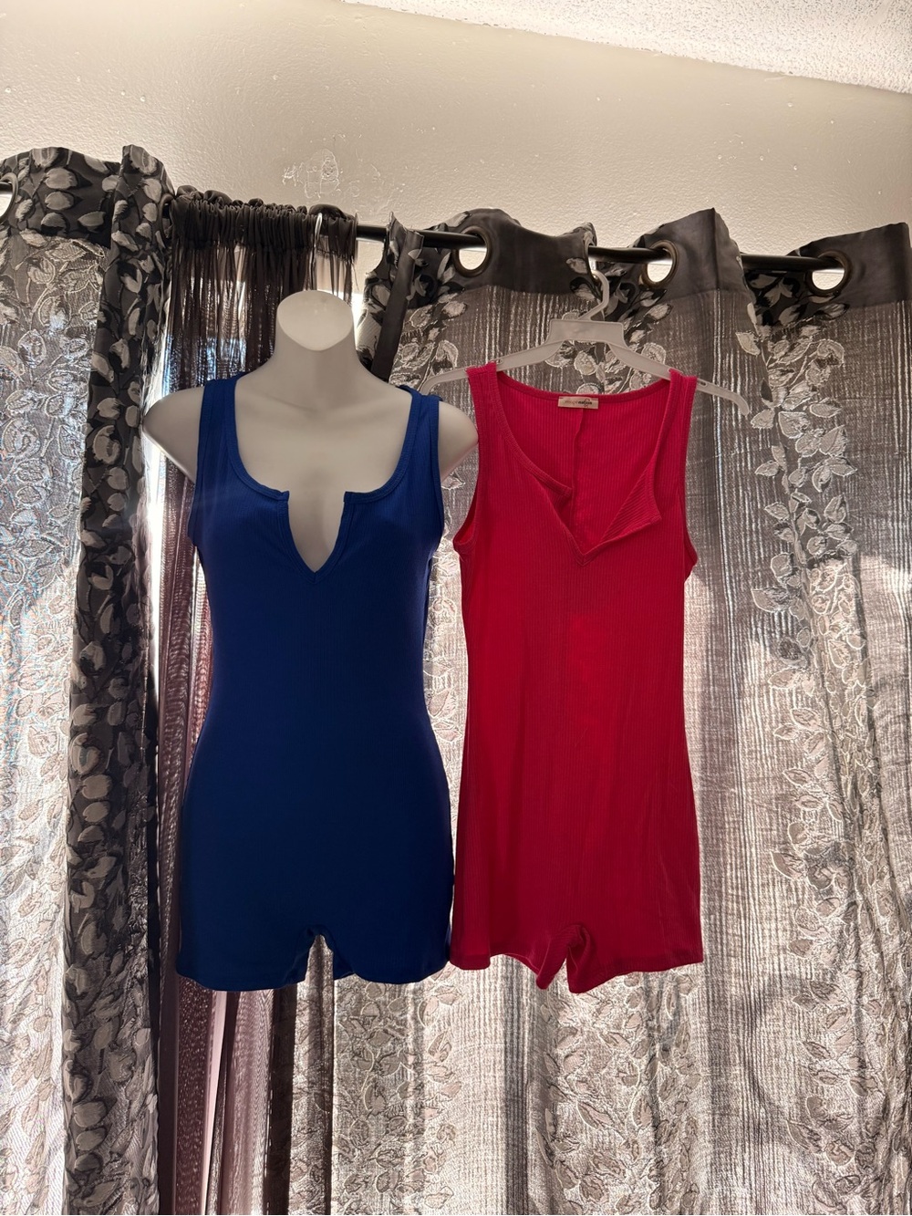 Blue Scoop Romper & Red Scoop Romper - Sleeveless Ribbed Playsuits